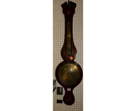 A 19th century mahogany and floral inlaid two-dial wheel barometer, the brass dial indistinctly signed, h.98cm 