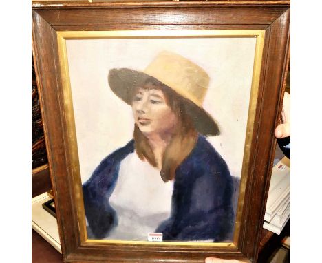 20th century school - Bust portrait of a woman with hat, oil on canvas, unsigned, 42 x 32cm 