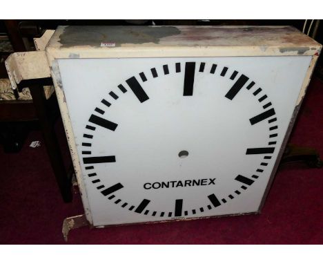 A 1960s brushed aluminium and partially painted Contarnex double-sided wall mounted commercial wall clock, having upper and l