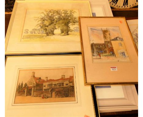 S J R Leeming - Parkland scene, watercolour, signed and dated 1975 lower left; The Dolphin at Norwich, coloured etching; and 