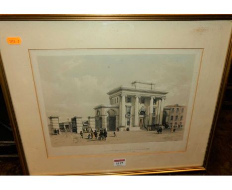 After JC Bourne - Entrance to Birmingham Station, colour lithograph, published by JC Bourne of London, 22x33cm
