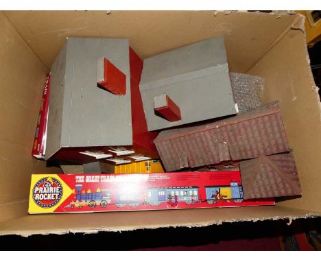 3 boxes of mixed items to include a Prairie Rocket Hold-Up Great Train gift set, qty of wooden building,s box of Meccano maga