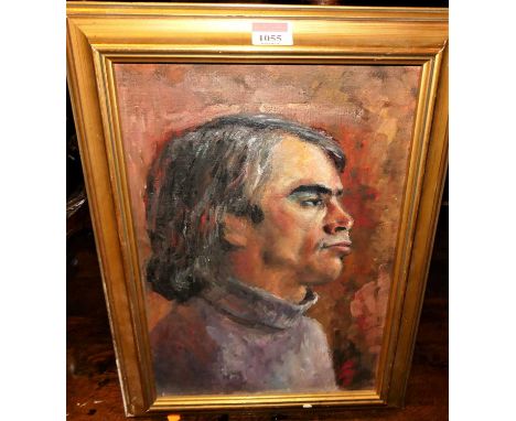 Late 20th century English school - profile portrait of a young man, oil on canvas, 34x24cm