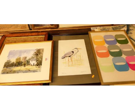 Robin McDonald - village scene with church tower, watercolour wash, signed lower right, 25x34cm; Benjamin Perkins - Heron stu