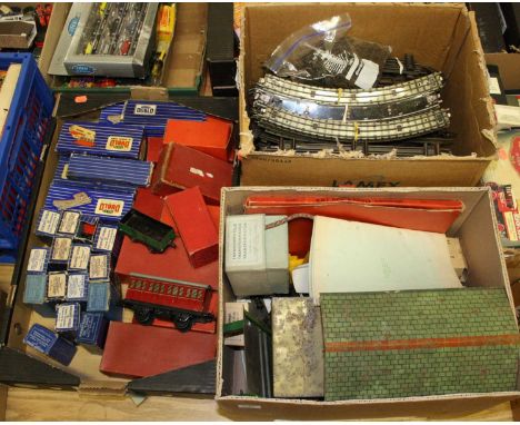 Three boxes of various boxed and loose Hornby 0 gauge and 00 gauge items mixed examples to include engine shed, track, No. 20