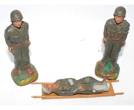 JH Miller 1950 hand-painted pottery US Army, Korean War, stretcher-bearers comprising of a stretcher, two bearers and a 5" hi