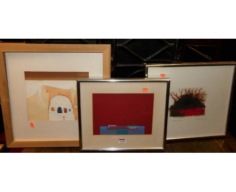 Contemporary school - abstract study screen print, 18x25cm; J Rothenberg - Our Garden III, lithograph; and one other modern w