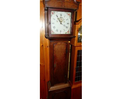 Circa 1900 provincial oak and mahogany cross banded long case clock, having a painted square dial, 30 hour movement, with sin