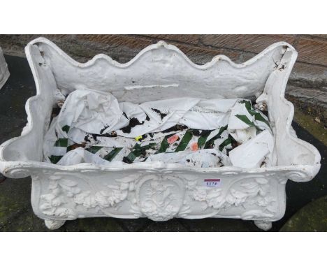 A white painted cast iron floral decorated twin handled garden planter, of rectangular shaped form, w.53cm 
