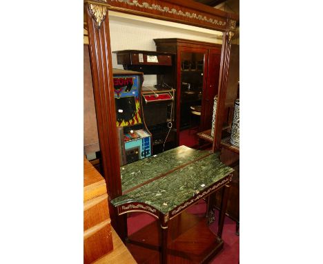 A contemporary French style mahogany and gilt metal mounted mirror back console table, having green variegated marble surface