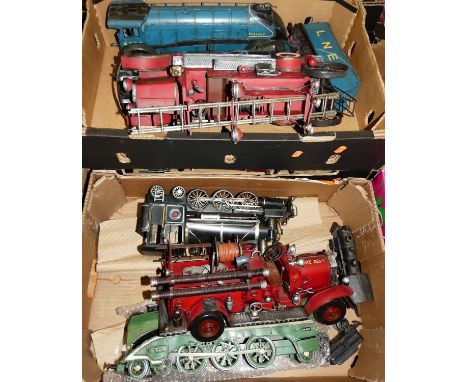 Three trays of modern release pressed steel and tinplate display items to include a Mallard locomotive, fire engine and other