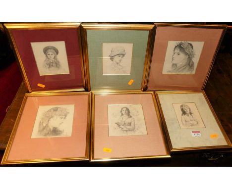 A collection of late Victorian pencil portrait sketches, each signed with monograms and dated circa 1880 each approx 13x12cm 