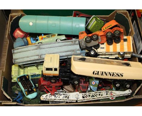 A tray of various playworn Dinky Toy and Corgi Toy diecasts, examples to include a No. 238 Jaguar type D racing car by Dinky 