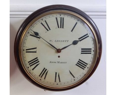 A George III mahogany cased wall clock, having a convex white enamel dial, signed W Leggett Stowmarket, single winding hole f