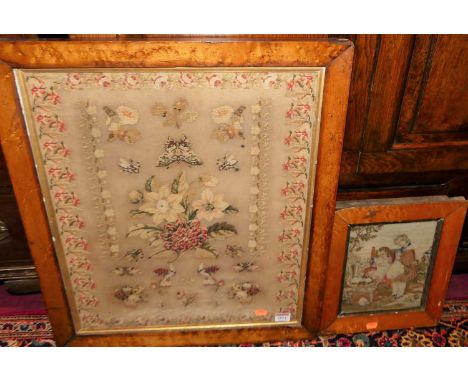 A Victorian woolwork depicting flowers and insects, 52x44cm in birds eye maple glazed frame, together with one other woolwork