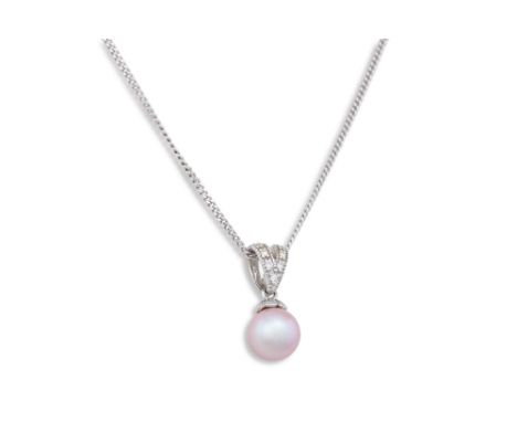 A DIAMOND AND CULTURED PEARL SET PENDANT, mounted in 9ct white gold, on a chain