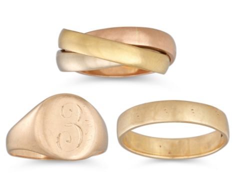 THREE 9CT GOLD RINGS, 12.8 g. Sizes: J-K, L, G