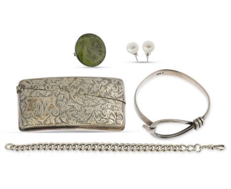AN ANTIQUE SILVER GRADUATED BRACELET, together with a modern Irish silver Kilkenny design bangle, a pair of cultured pearl ea