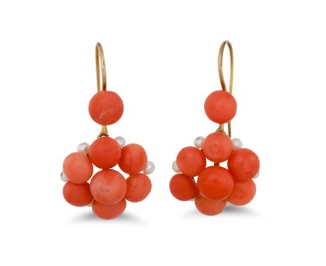 A PAIR OF CORAL AND SEED PEARL CLUSTER EARRINGS, of drop design