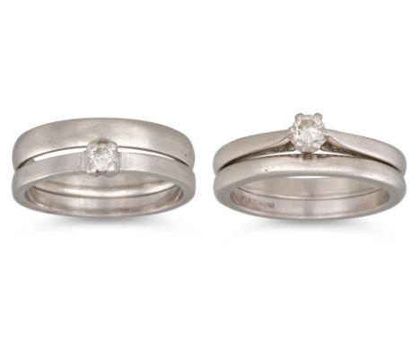 FOUR PLATINUM RINGS, 2 diamond set, 15.1 g. Sizes: K-L and L
