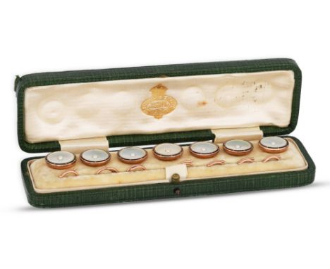 A SET OF VICTORIAN BUTTONS, mounted in 9ct gold, set with mother-of-pearl, seed pearl and enamel, cased