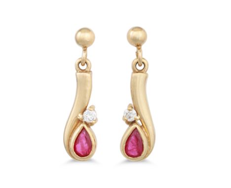 A PAIR OF DIAMOND AND RUBY DROP EARRINGS, mounted in 18ct gold
