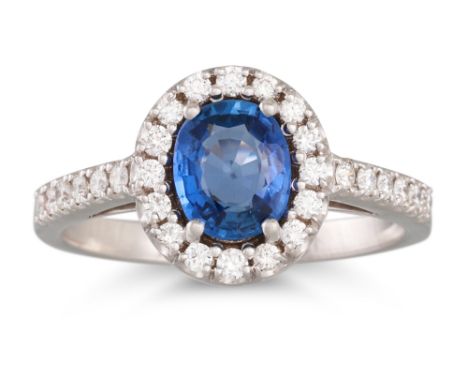 A SAPPHIRE AND DIAMOND CLUSTER RING, the oval sapphire to diamond surround and shoulders, in 18ct white gold. Estimated: weig