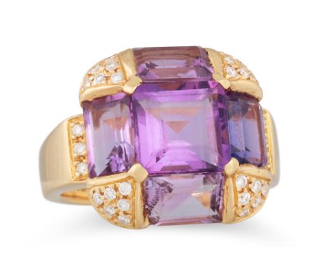 AN AMETHYST AND PAVÉ DIAMOND SET RING, mounted in 18ct yellow gold, London hallmark, 19 g. size L