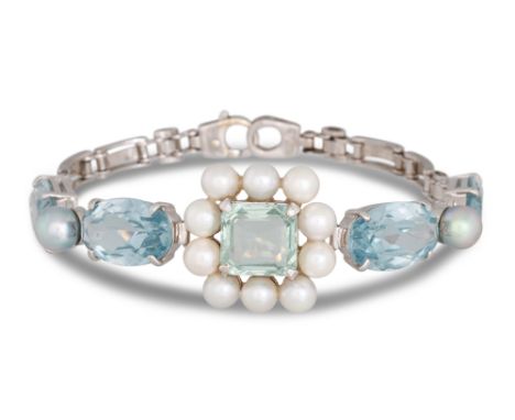 AN AQUAMARINE AND CULTURED PEARL BRACELET, the central cluster to aquamarine and pearl bracelet, mounted in 18ct white gold