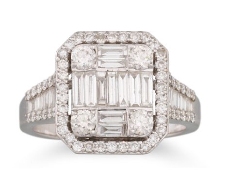 A DIAMOND CLUSTER RING, set with baguette and brilliant cut diamonds, mounted in 18ct white gold. Size: N - O