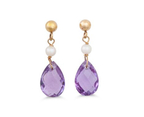 A PAIR OF AMETHYST AND PEARL EARRINGS, suspending briollete drops, mounted in 9ct gold