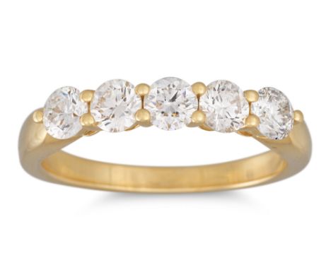 A DIAMOND FIVE STONE RING, the brilliant cut diamonds mounted in 18ct yellow gold. Estimated: weight of diamonds: 1.00 ct, co