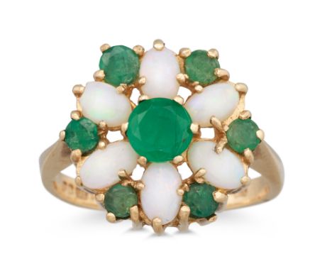 A OPAL AND EMERALD CLUSTER RING, mounted in 9ct gold, size J