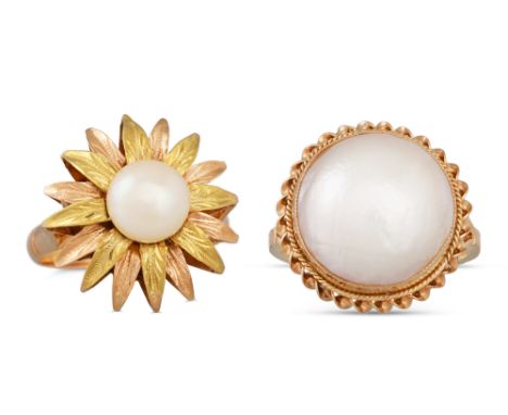 A MABE PEARL RING, mounted in yellow gold, together with a pearl set ring. Sizes: L and K-L