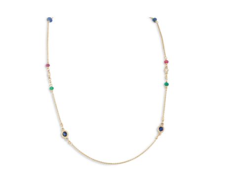 AN EMERALD, RUBY, SAPPHIRE AND DIAMOND SET NECKLACE, the beaded and faceted stones linked by 18ct yellow gold trace chain