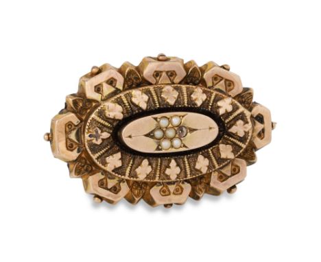 A VINTAGE 9CT GOLD SEED PEARL BROOCH, 6 g.