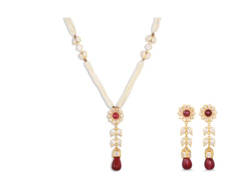 A PAIR OF INDIAN DROP EARRINGS, set with white stones, suspending cabochon rubies, mounted in 22 ct gold, together with a mat
