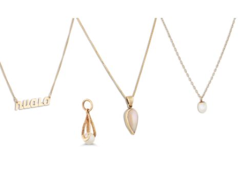 A COLLECTION OF GOLD PENDANTS, set with cultured, mother-of-pearl etc.