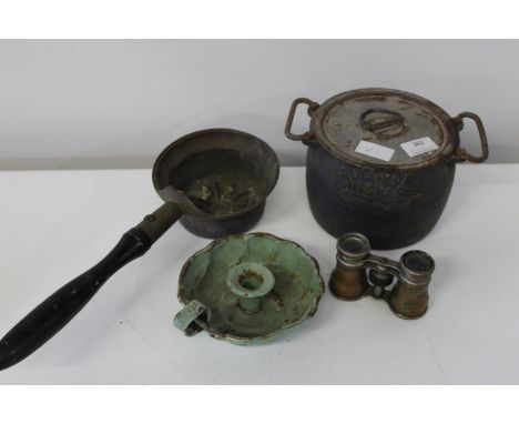 A selection of collectables including cast iron glue pot &amp; chamber stick 