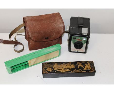 Two vintage pencil cases &amp; Coronet box cammera 