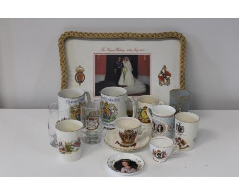 A tray of vintage commemorative wares etc 