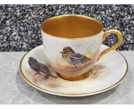 Royal Worcester associated coffee can and saucer painted by J A Stinton "Teal" and "Blackcock" both signed.