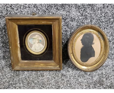 Small antique miniature portrait of a lady in a later frame, also a brass framed silhouette of a gentleman early 1900s
