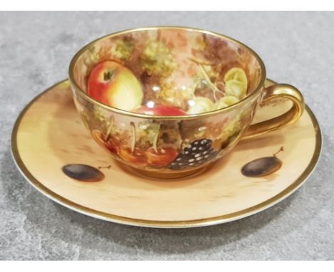 Royal Worcester handpainted associated miniature tea cup and saucer signed Roberts on the saucer (teacup indistinct)