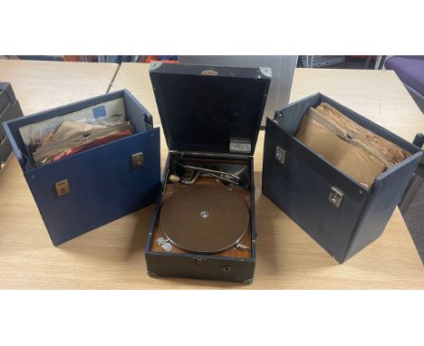 Wind Up Portable record player with electric uparm plus 2 cases of 78 Records 