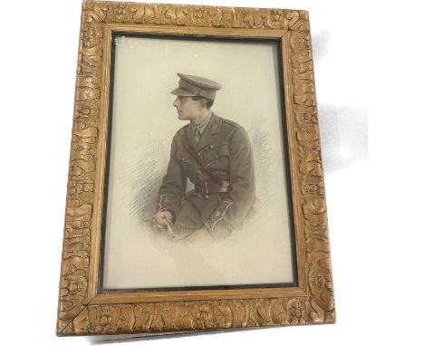 Vintage Gilt framed oil pastel drawing of a World war 1 military man, frame measures approximately 25 inches tall by 20 inche