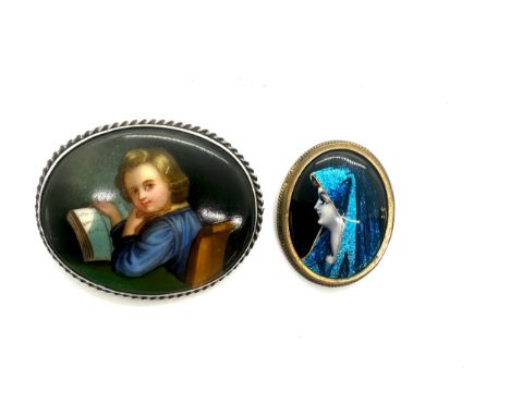 Vintage Limoges enamel type brooch, the back marked PARIS together with a porcelain brooch 