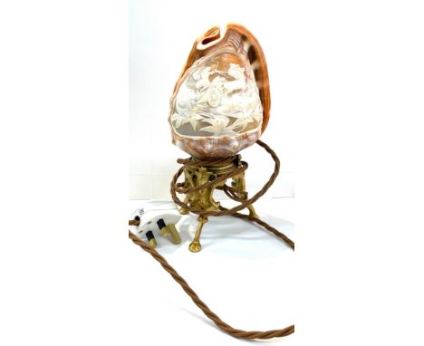 Vintage Italian carved conch shell lamp, rewired, classical chariot scene 