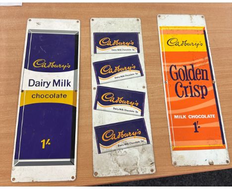 Three vintage Cadburys advertising enamel signs measures approx 15 inches long by 5 inches wide 