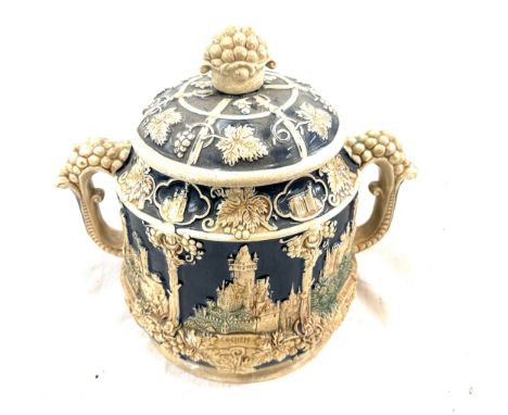 German antique 2 handled lidded pot with ladle, approximate measurements: 14 inches tall, width including handles 12 inches 